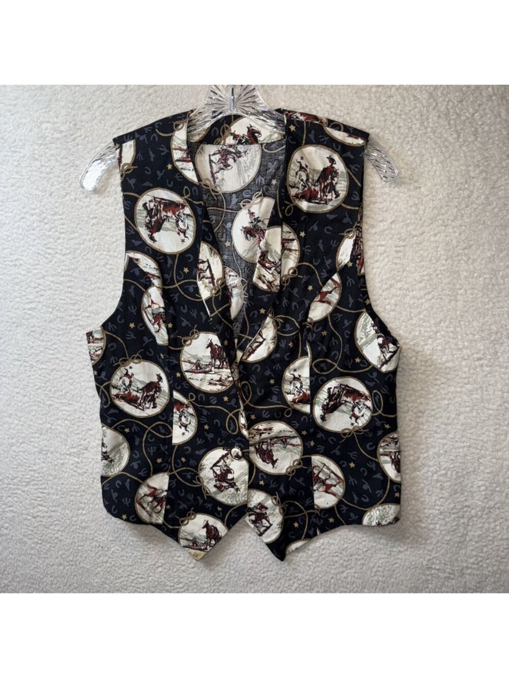 Vintage Homemade Western Cowboy Print Button-Up Vest Adjustable Back Strap Small